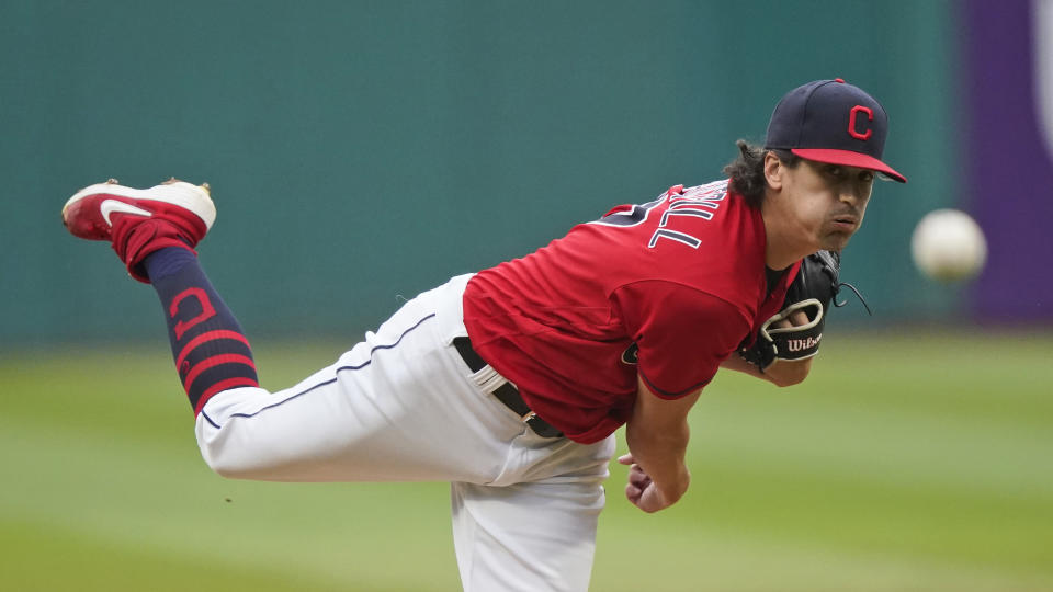 Cleveland Indians starting pitcher Cal Quantrill delivers in the first inning in the first baseball game of a doubleheader against the Detroit Tigers, Wednesday, June 30, 2021, in Cleveland. (AP Photo/Tony Dejak)