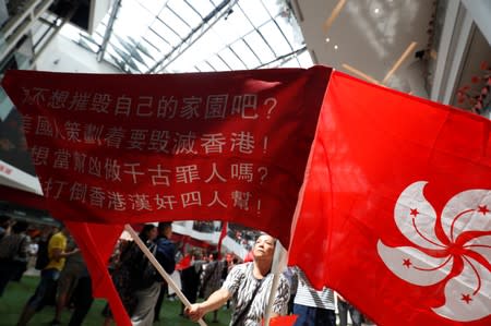 Pro-government supporter holds a banner at Olympian City 2 shopping mall in Hong Kong