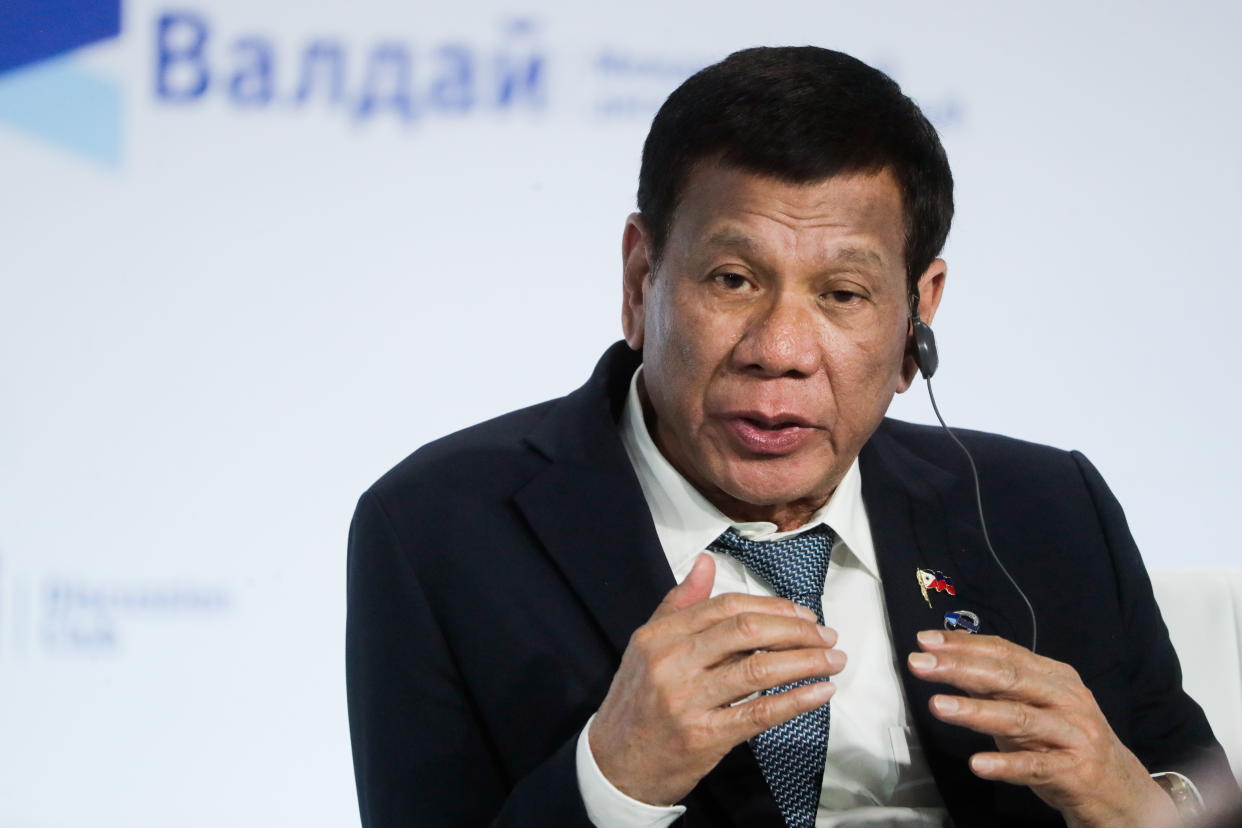 SOCHI, RUSSIA: The Philippines' President Rodrigo Duterte attends the plenary session of the 16th annual meeting titled "The Dawn of the East and the World Political Order" and held by the Valdai Discussion Club at Polyana 1389 Hotel. (Photo: Mikhail Metzel\TASS via Getty Images)