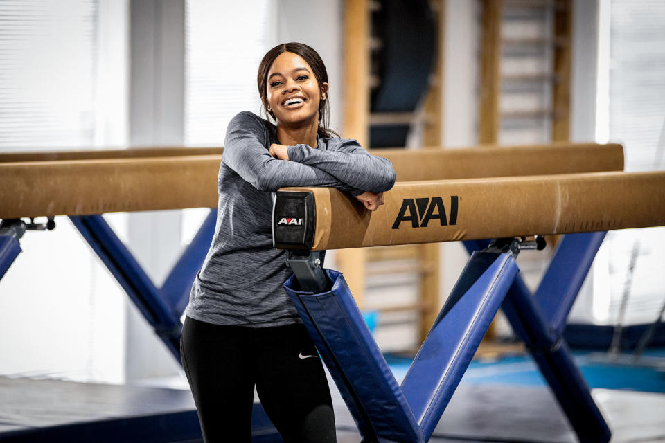 Olympic gymnast Gabby Douglas teaches Jay Pharoah gymnastics on the IMDb Series “Special Skills” in Los Angeles in 2020. (Rich Polk / Getty Images for IMDb file)