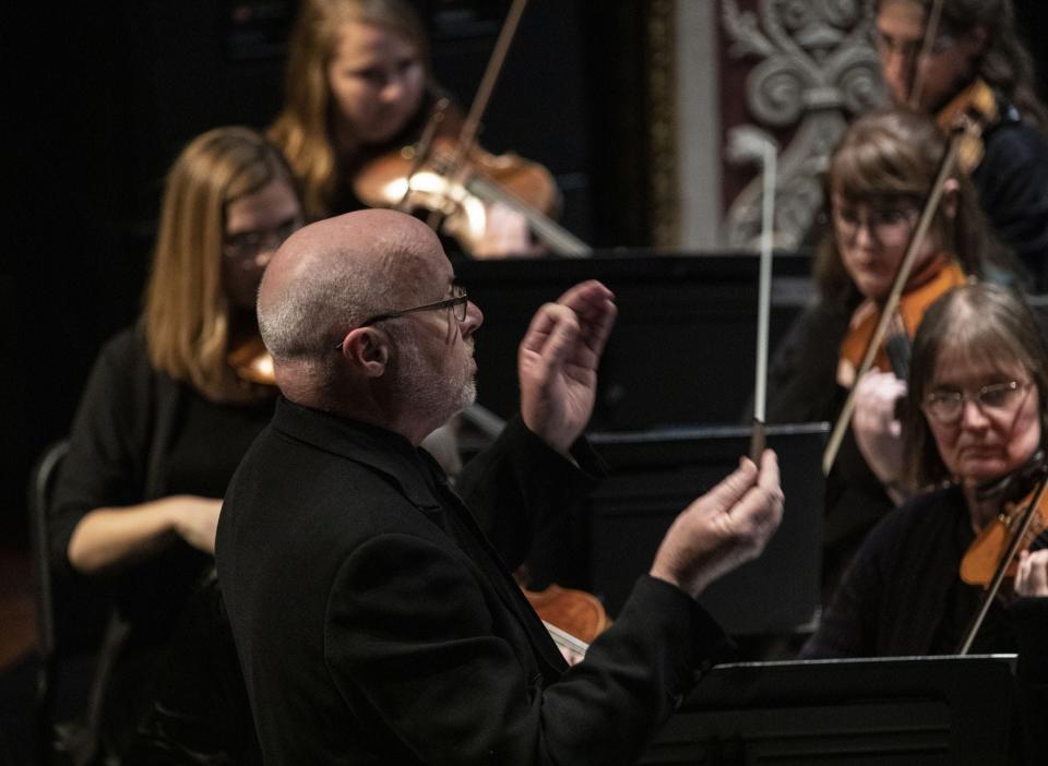 Emeritus Music Director Brian Groner returns to conduct a work during the Elkhart County Symphony's concert March 26, 2023, at The Lerner Theatre in Elkhart in celebration of the orchestra's 75th anniversary.