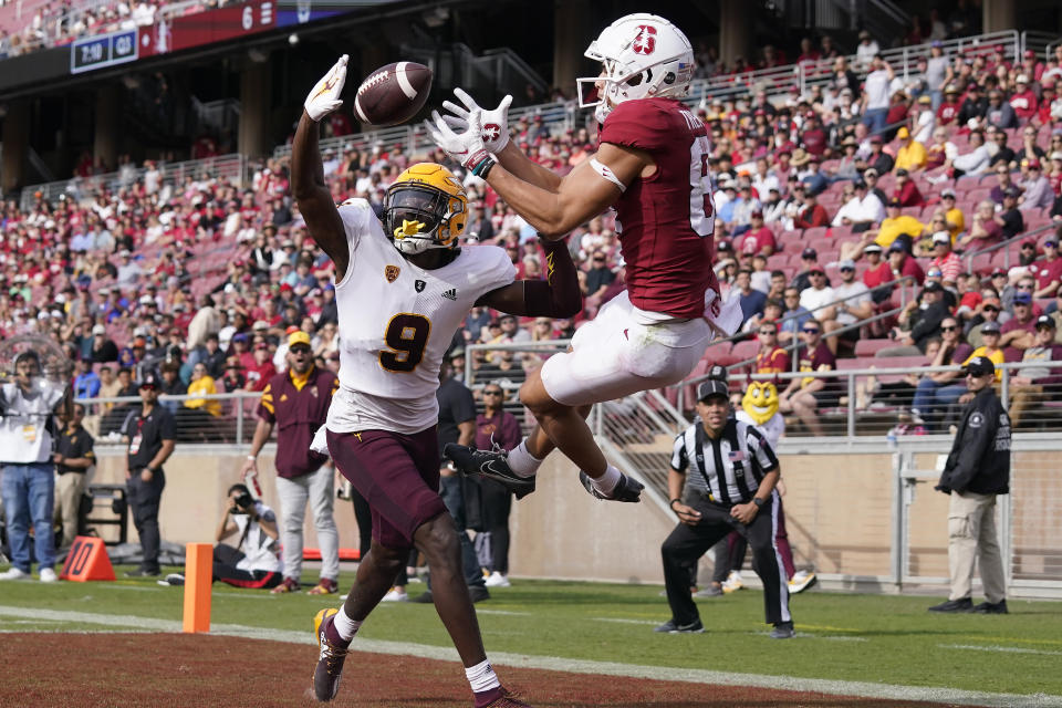 Arizona State defensive back Ro Torrence (9) defends against a pass intended for Stanford wide receiver Brycen Tremayne that fell incomplete during the second half of an NCAA college football game in Stanford, Calif., Saturday, Oct. 22, 2022. (AP Photo/Jeff Chiu)