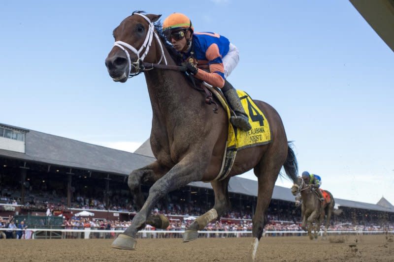 Nest, seen winning the 2021 Alabama Stakes, takes on Clairiere in Sunday's Shuvee Stakes at Saratoga. Coglianese Photo, courtesy of New York Racing Association