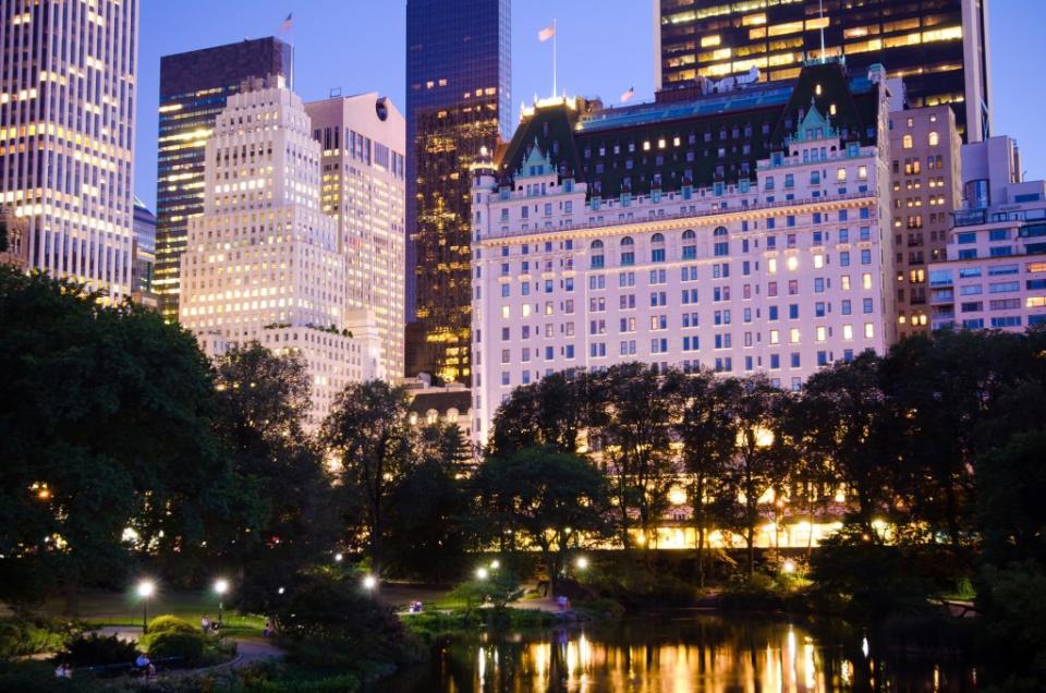 Plaza Hotel as seen from Central Park at night in New York City via Getty Images