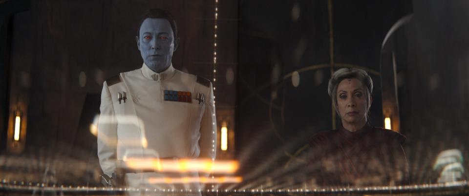 Grand Admiral Thrawn (Lars Mikkelsen) and Morgan Elsbeth (Diana Lee Inosanto) plot a way home to their galaxy in "Ahsoka."
