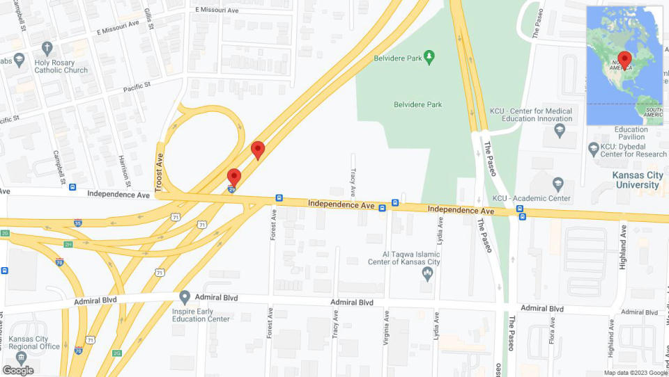 A detailed map that shows the affected road due to 'Broken down vehicle on northbound I-35 in Kansas City' on December 15th at 4:45 p.m.