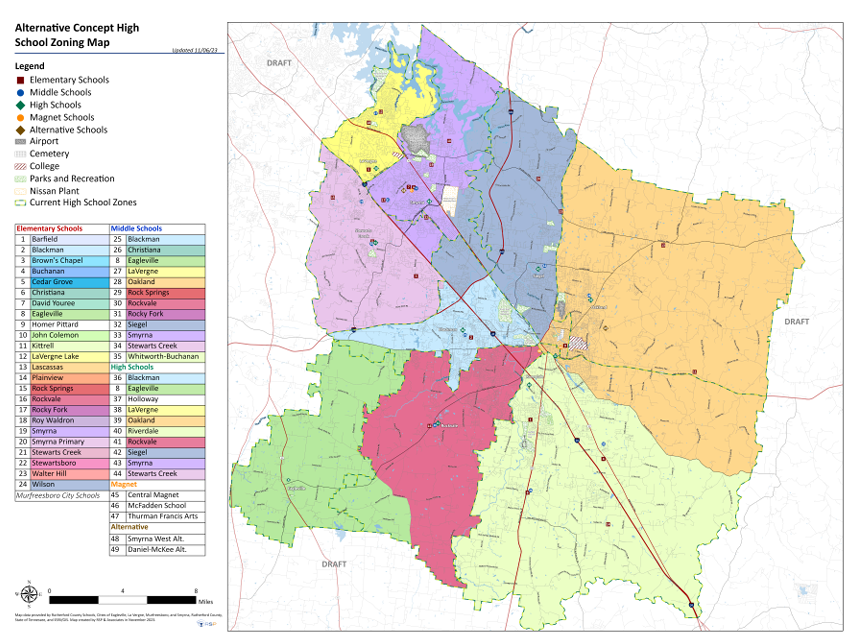 This map shows the "Alternative Rezoning Map for High Schools" that the Rutherford County Board of Education approved Tuesday, Nov. 11, 2023. The rezoning is supposed to start by August 2026.