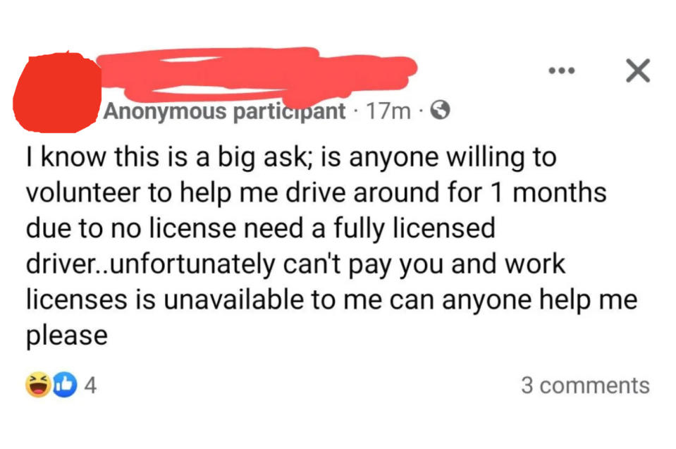 Request for a monthlong free "volunteer" chauffeur, noting inability to pay or obtain a work license, with laugh emoji reactions