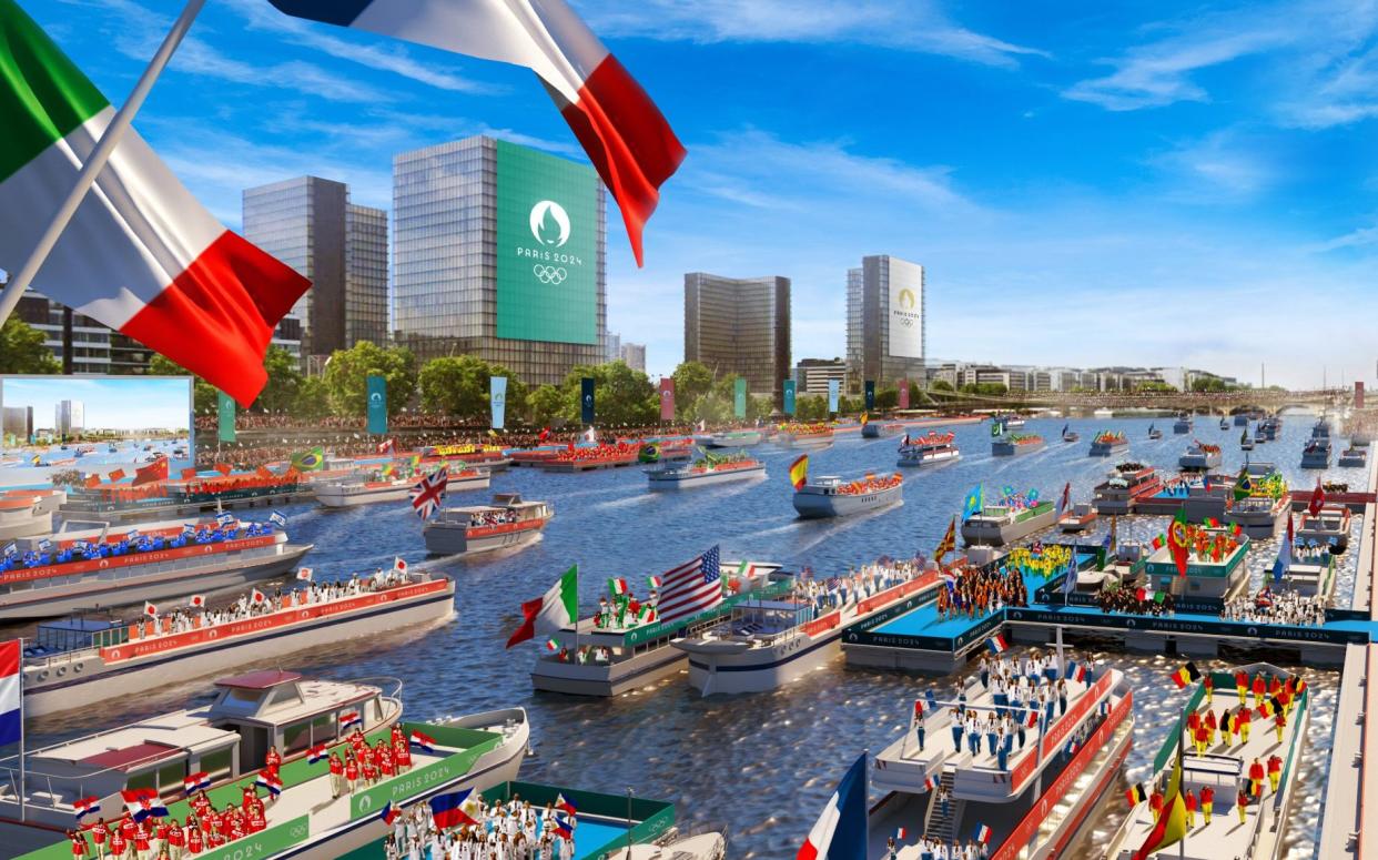 An illustration of the opening ceremony planned on the River Seine in Paris