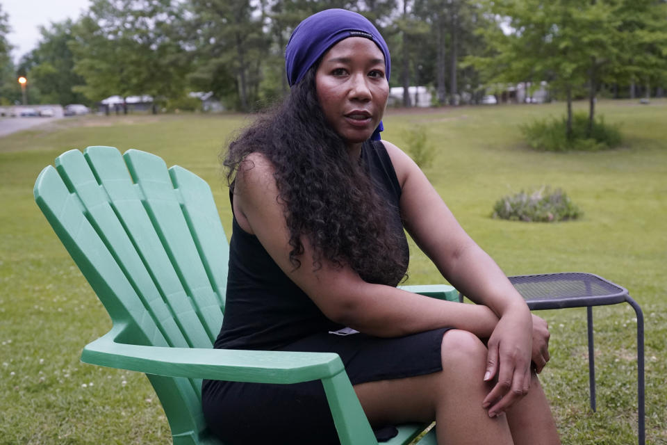 Attorney Jill Collen Jefferson speaks about her efforts to bring justice to the family of Willie Jones Jr., 21, who was found hanging from a tree in his girlfriend's Scott County yard three years ago, outside his grandmother's home in Forest, Miss., April 27, 2021. A Hinds County judge recently awarded the family $11 million in a civil suit related to his death. (AP Photo/Rogelio V. Solis)