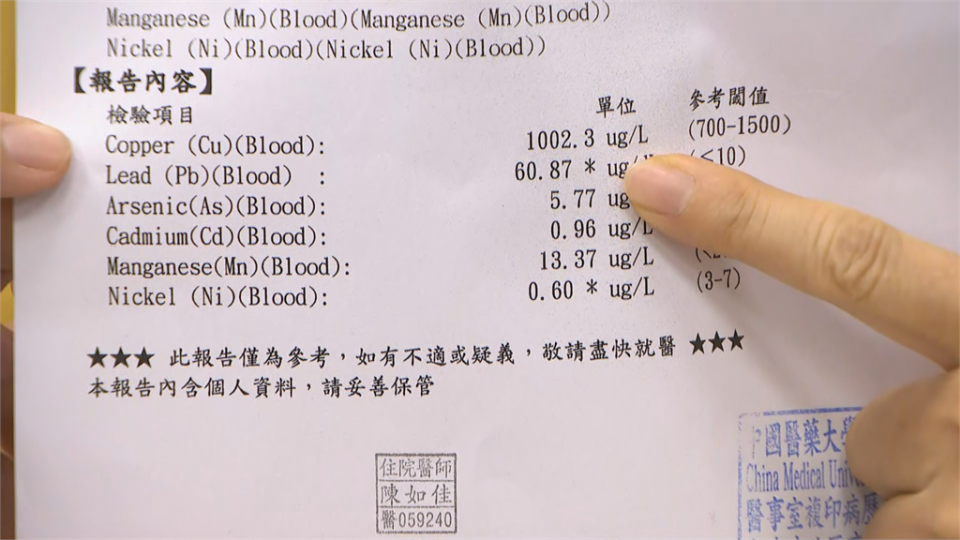 何小姐拿出數據，身體鉛含量為60.87。（圖／民視新聞）