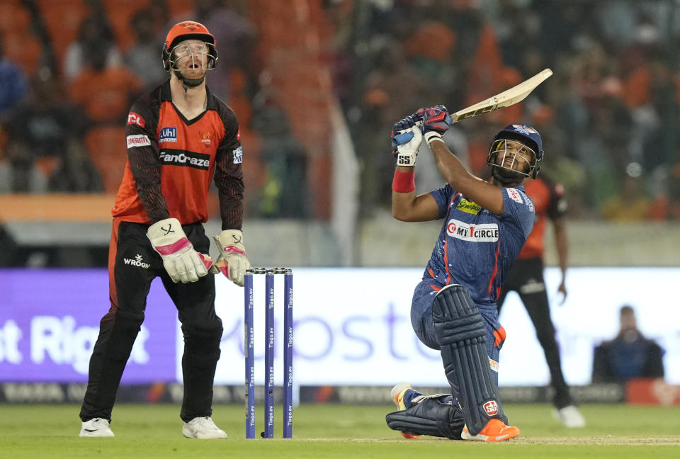 Lucknow Super Giants' Prerak Mankad plays a shot during the Indian Premier League cricket match between Sunrisers Hyderabad and Lucknow Super Giants in Hyderabad, Saturday, May 13, 2023. (AP Photo/Mahesh Kumar A.)