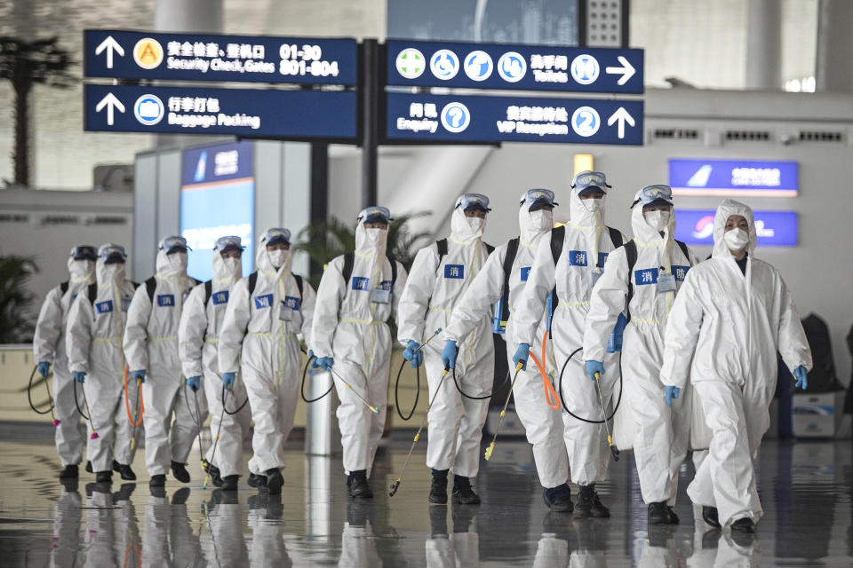 WUHAN, CHINA - April 3: Firefighters prepare to conduct disinfection at the Wuhan Tianhe International Airport. Wuhan, the Chinese city hardest hit by the novel coronavirus outbreak, will lift its travel restrictions on April 8. (Photo by Getty Images)