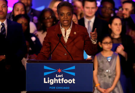 Mayoral candidate Lori Lightfoot speaks during her election night celebration after defeating her challenger Toni Preckwinkle in a runoff election in Chicago, Illinois, U.S., April 2, 2019. REUTERS/Joshua Lott