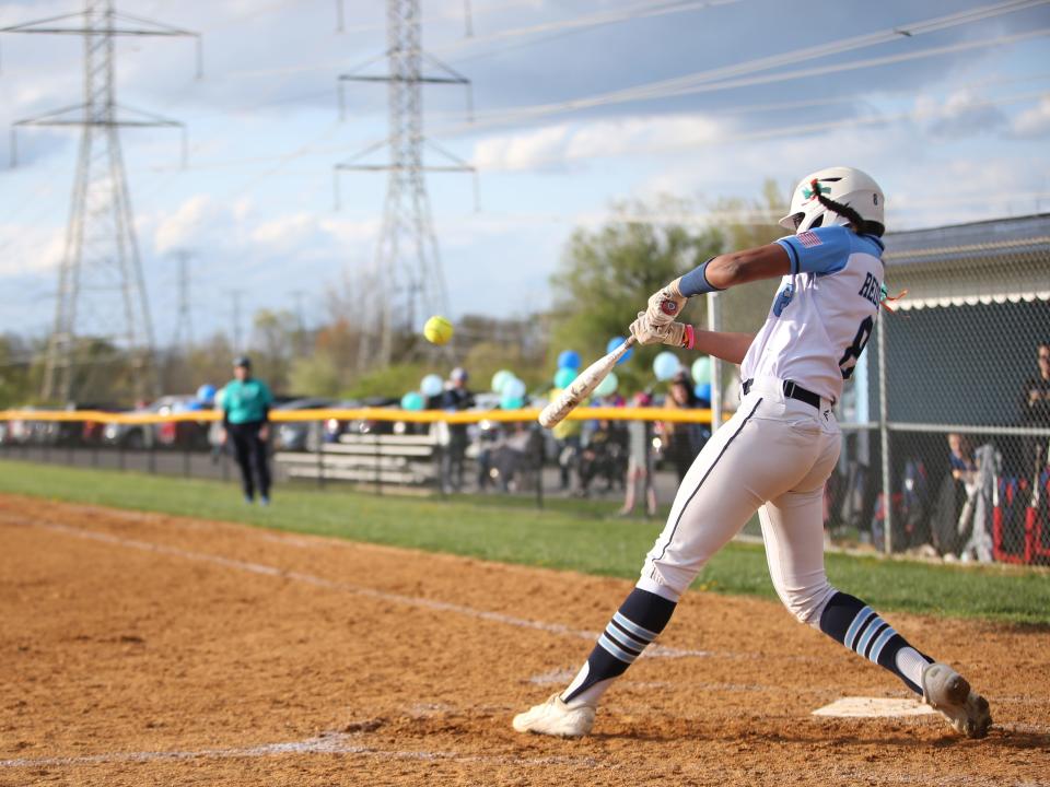 John Jay's Arielle Reddick takes a swing during an April 24, 2023 softball game against Mahopac.