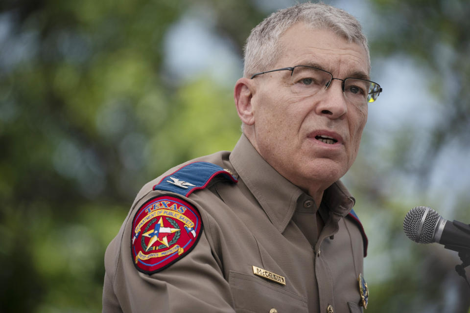 Texas Department of Public Safety Director Steven McCraw speaks during a press conference held outside Robb Elementary School on Friday, May 27, 2022, in Uvalde, Texas. Nearly 20 officers stood in a hallway outside of the classrooms during this week's attack on a Texas elementary school for more than 45 minutes before agents used a master key to open a door and confront a gunman, authorities said Friday. (AP Photo/Wong Maye-E)