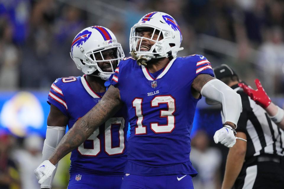 Bills WR Gabe Davis (13) celebrates during his team's win over the Rams in the 2022 kickoff game.