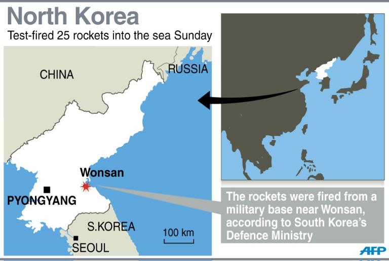 Map showing the test-launch site of 25 North Korean missiles on Sunday