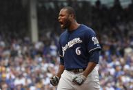Oct 1, 2018; Chicago, IL, USA; Milwaukee Brewers center fielder Lorenzo Cain (6) celebrates after hitting an RBI single during the eighth inning against the Chicago Cubs in the National League Central division tiebreaker game at Wrigley Field. Mandatory Credit: Patrick Gorski-USA TODAY Sports