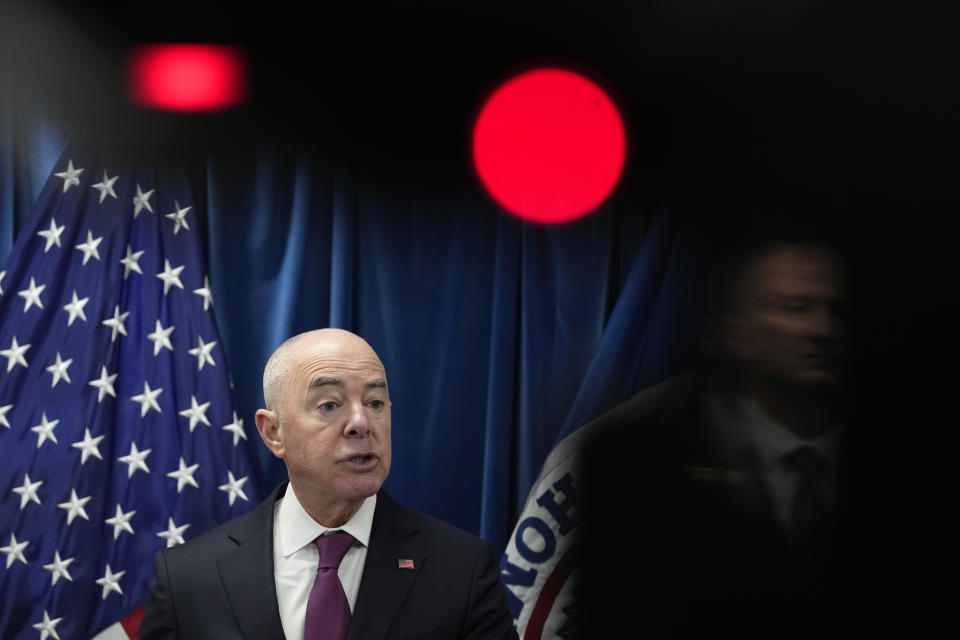 FILE - Homeland Security Secretary Alejandro Mayorkas speaks during a news conference in Washington, Jan. 5, 2023. As Republicans in the House of Representatives threaten to make Mayorkas the first Cabinet official impeached in nearly 150 years, Mayorkas says, in a wide-ranging interview with The Associated Press, he is “totally focused on the work" that his agency of 260,000 people conducts and not distracted by the politics of impeachment. (AP Photo/Susan Walsh, File)