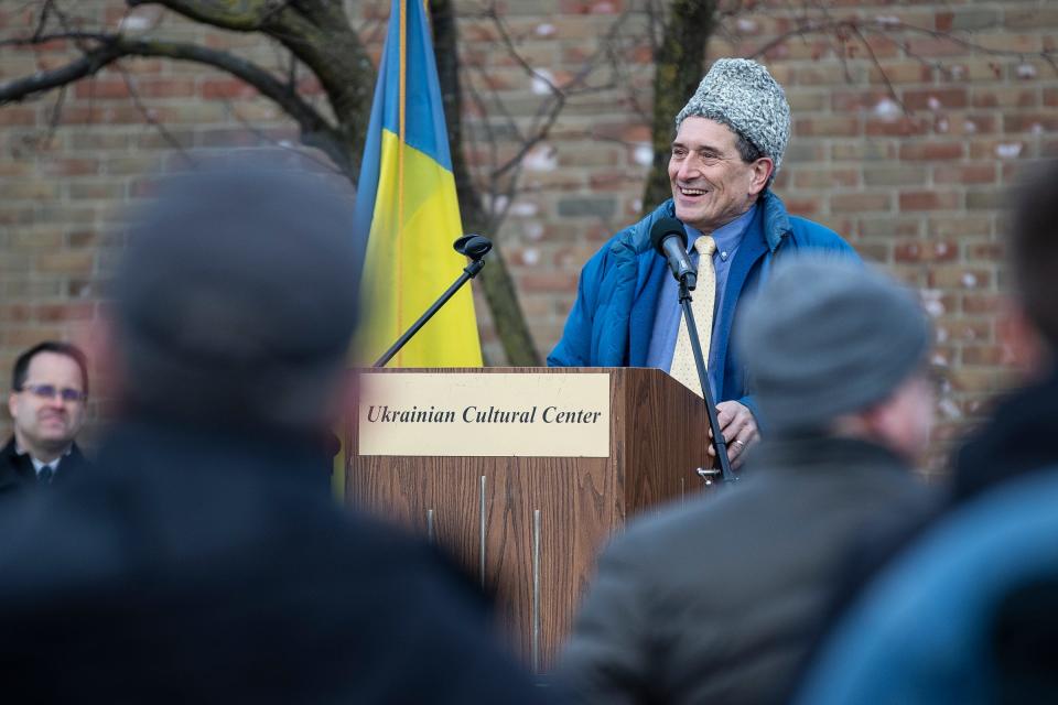 U.S. Rep. Andy Levin speaks during a rally for Ukraine at the St. Josaphat Ukrainian Catholic Church in Warren on Feb. 24, 2022.