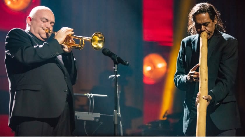 Trumpeter James Morrison, left, and didgeridoo master William Barton in "International Jazz Day From Australia" on PBS.