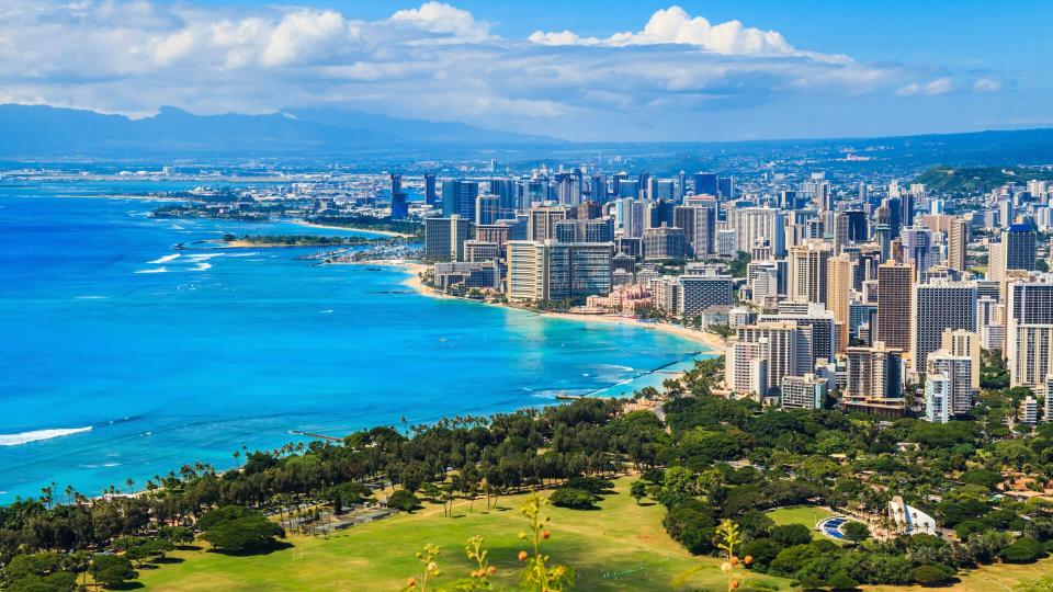 Skyline of Honolulu, Hawaii and the surrounding area including the hotels and buildings on Waikiki Beach.