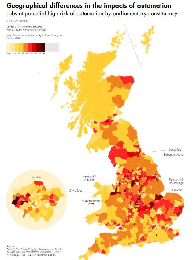 Heatmap of areas set to lose the most jobs to automation (Future Advocacy)