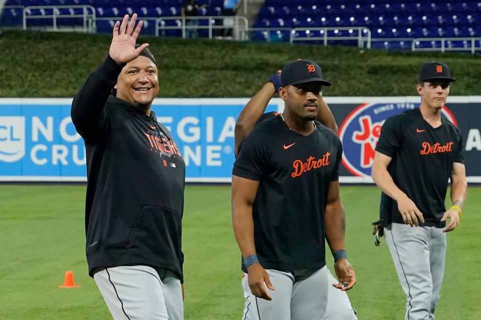 Detroit Tigers' Miguel Cabrera, left, waves to fans before a baseball game against the Miami Marlins at loanDepot Park in Miami on Friday, July 28, 2023.