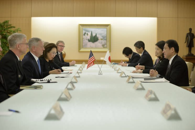 U.S. Defense Secretary James Mattis, second left, and Japan's Minister of Foreign Affairs Fumio Kishida, right, meet last month in Tokyo.