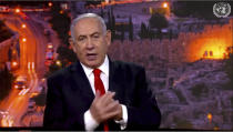 In this image from UNTV video, Prime Minister Benjamin Netanyahu, of Israel, speaks in a pre-recorded message which was played during the 75th session of the United Nations General Assembly, Tuesday, Sept. 29, 2020, at U.N. headquarters. (UNTV via AP)