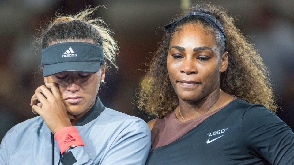 Naomi Osaka was reduced to tears as the crowd booed following Serena Williams’ meltdown. Pic: Getty