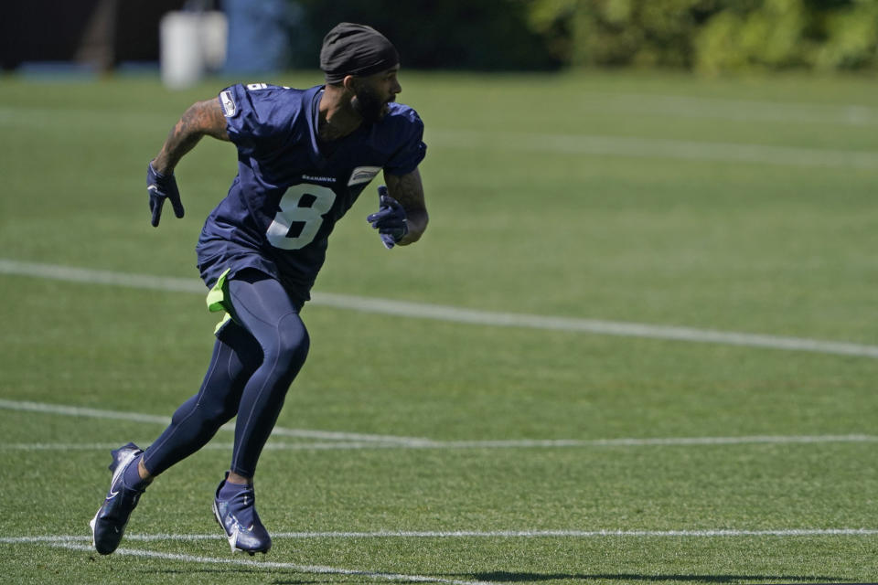 Seattle Seahawks wide receiver Paul Richardson runs a practice drill during NFL football training camp, Tuesday, Sept. 1, 2020, in Renton, Wash. (AP Photo/Ted S. Warren)