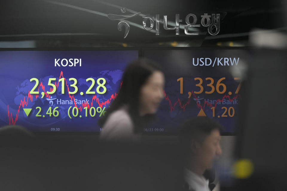 Currency traders work near the screens showing the Korea Composite Stock Price Index (KOSPI), left, and the foreign exchange rate between U.S. dollar and South Korean won at a foreign exchange dealing room in Seoul, South Korea, Wednesday, Aug. 23, 2023. Asian markets were trading mixed Wednesday ahead of Fed Chair Jerome Powell's highly anticipated speech later in the week. (AP Photo/Lee Jin-man)