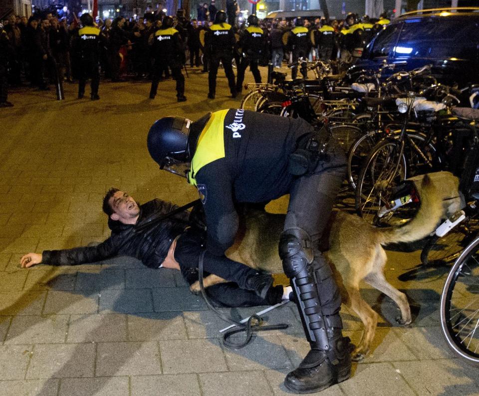 A Dutch riot policeman tries to get his dog to let go of a man after riots broke out during a pro Erdogan demonstration at the Turkish consulate in Rotterdam, Netherlands, Sunday, March 12, 2017. Turkish Foreign Minister Mevlut Cavusoglu was due to visit Rotterdam on Saturday to campaign for a referendum next month on constitutional reforms in Turkey. The Dutch government says that it withdrew the permission for Cavusoglu's plane to land because of "risks to public order and security." (AP Photo/Peter Dejong)