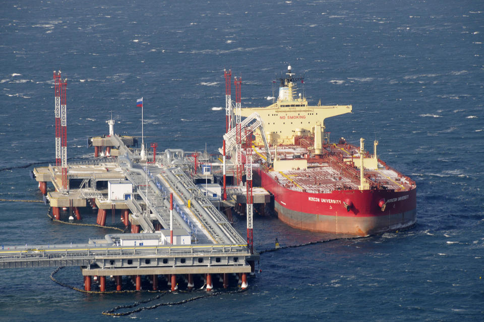 FILE - A tanker seen anchored at the new oil export terminal in the far eastern port of Kozmino on Dec. 28, 2009. Prices for Russian oil have risen well above a price cap imposed by Western allies as part of sanctions over the invasion of Ukraine. And that is putting the cap to its first serious test. The idea is to limit President Vladimir Putin’s earnings from oil by barring Western insurers and shippers from handling oil above $60 per barrel. (AP Photo, File)