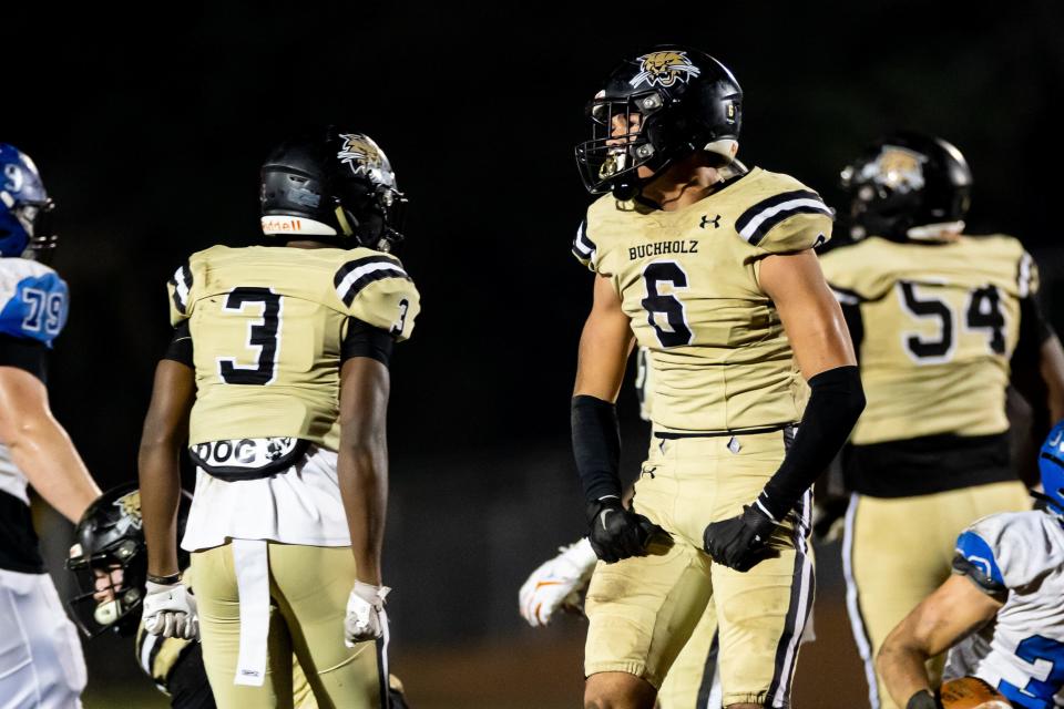 Buchholz Bobcats defensive lineman Nick Clayton (6) celebrates a defensive stop during the first half against the Bartram Trail Bears in the Regional Finals of the 2023 FHSAA Football State Championships at Citizens Field in Gainesville, FL on Friday, November 24, 2023. [Matt Pendleton/Gainesville Sun]