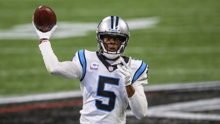 Carolina Panthers quarterback Teddy Bridgewater (5) throws during the first half of an NFL football game against the Atlanta Falcons, Sunday, Oct. 11, 2020, in Atlanta. The Carolina Panthers won 23-16. (AP Photo/Danny Karnik)