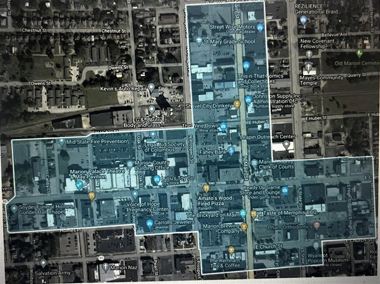 This map shows the proposed area for the expansion of Marion's designated outdoor refreshment area (DORA) that was presented to Marion City Council's Legislation and Codes Committee on Tuesday, June 20, 2023. The current DORA encompasses only a one-block area of downtown Marion.