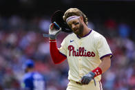 Philadelphia Phillies' Bryce Harper reacts after an out during the eighth inning of a baseball game against the Toronto Blue Jays, Wednesday, May 8, 2024, in Philadelphia. (AP Photo/Derik Hamilton)