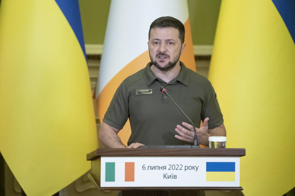 President of Ukraine Volodymyr Zelenskyy speaks during a joint press conference with Ireland's Prime Minister Micheal Martin following their meeting in Kyiv, Ukraine, Wednesday, July 6, 2022. (AP Photo/Andrew Kravchenko)