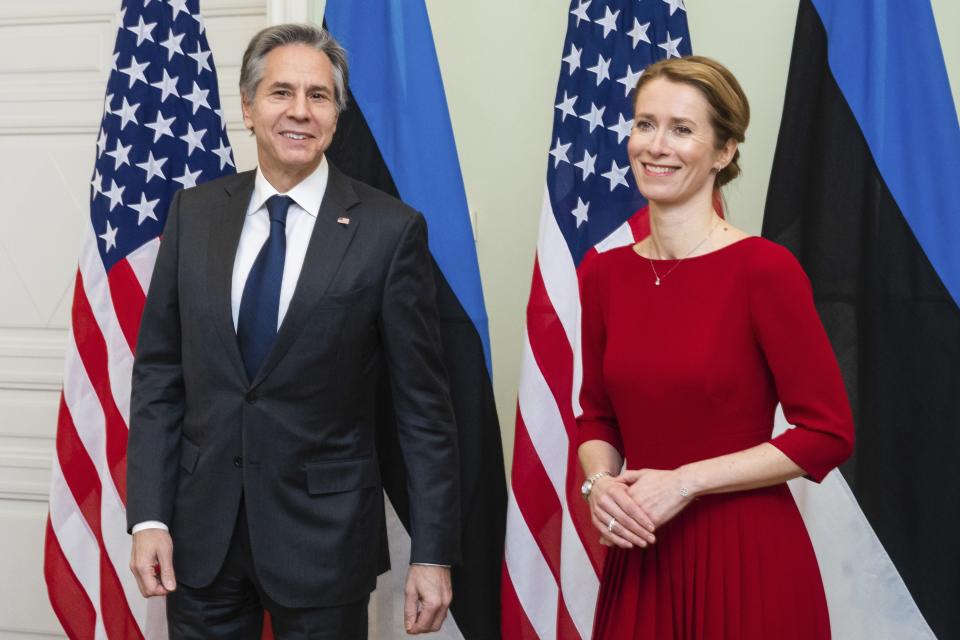 U.S. Secretary of State Antony Blinken, left, and Estonian Prime Minister Kaja Kallas pose for photographers on the occasion of their meeting, in Tallinn, Estonia, on Tuesday, March 8, 2022. Blinken was meeting with senior Estonian officials in Tallinn on Tuesday, a day after hearing appeals from both Lithuania and Latvia for more support and greater U.S. and NATO troop presence to deter a feared Russian intervention. (AP Photo/Raul Mee)