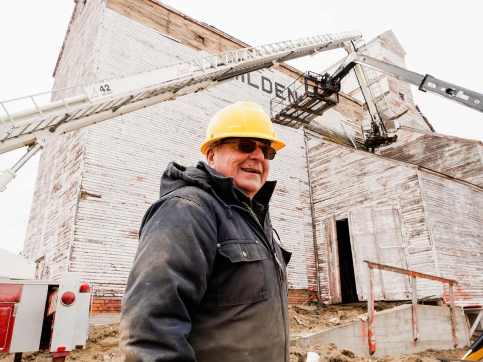Alvin Herman is passionate about salvaging wood from old grain elevators. He began with this one he owns in Milden, Sask. (Nathan Jones - image credit)