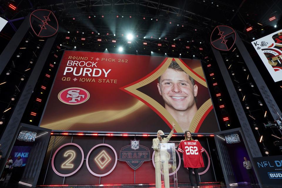 Iowa State quarterback Brock Purdy gets picked as Mr. Irrelevant with the San Francisco 49ers 262nd and last pick of the 2022 NFL Draft on Saturday, April 30, 2022, in Las Vegas. (AP Photo/Doug Benc)