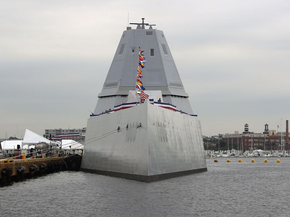 The US Navy's guided missile destroyer USS Zumwalt is moored to a dock on October 13, 2016 in Baltimore, Maryland.