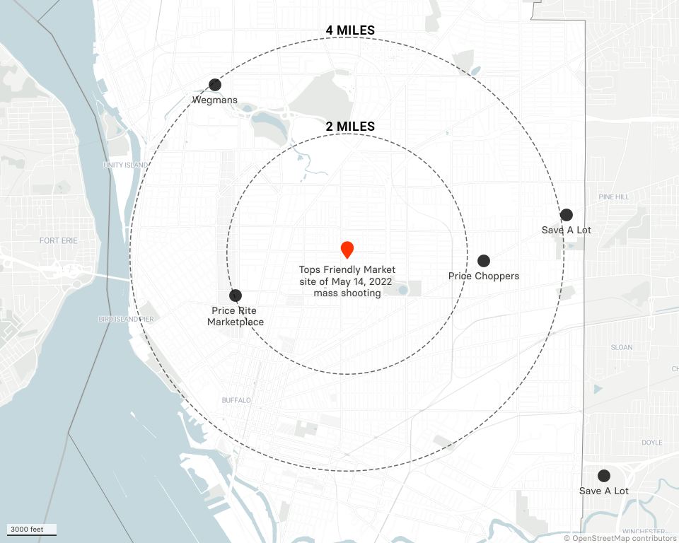 A map showing the location of Tops Friendly Market and the nearest grocery stores, which are at least 2 miles away