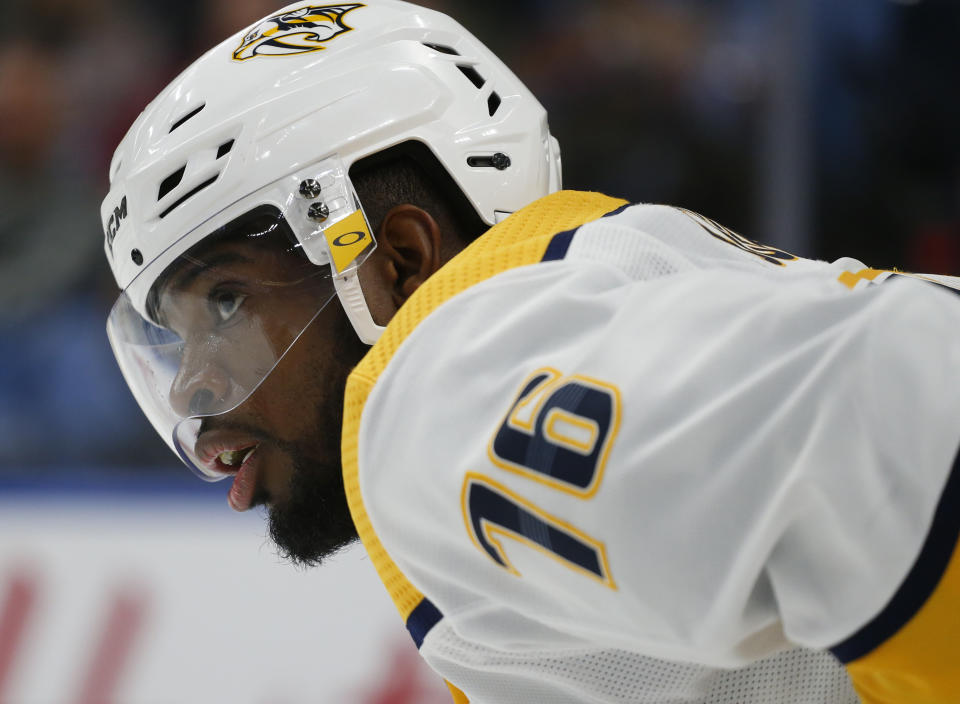 FILE - In this April 2, 2019 file photo, Nashville Predators defenseman P.K. Subban (76) looks on during the third period of an NHL hockey game against the Buffalo Sabres in Buffalo, N.Y. The New Jersey Devils have acquired Subban from the Nashville Predators in exchange for Steven Santini, Jeremy Davies and a pair of draft picks, Saturday, June 22. . (AP Photo/Jeffrey T. Barnes, File)