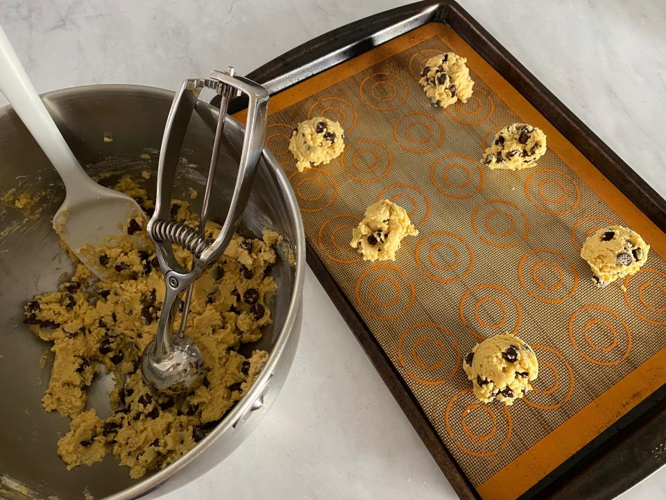 pudding cookies on a baking sheet