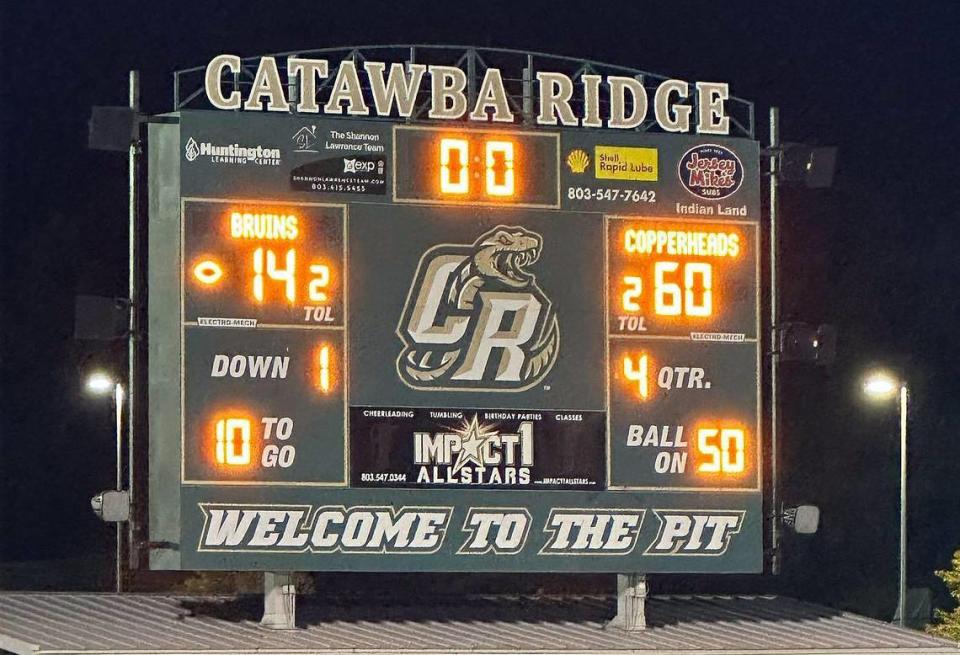 Catawba Ridge’s football stadium scoreboard is shown after the 2022 win over Lancaster.