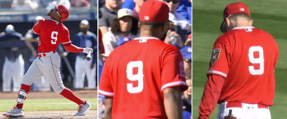 Eric Young Jr. (left), Sherman Johnson (center) and Kyle Survance had baseball fans a little confused by all wearing the same number at the same time during the Angels Cactus League on Friday. (MLB)